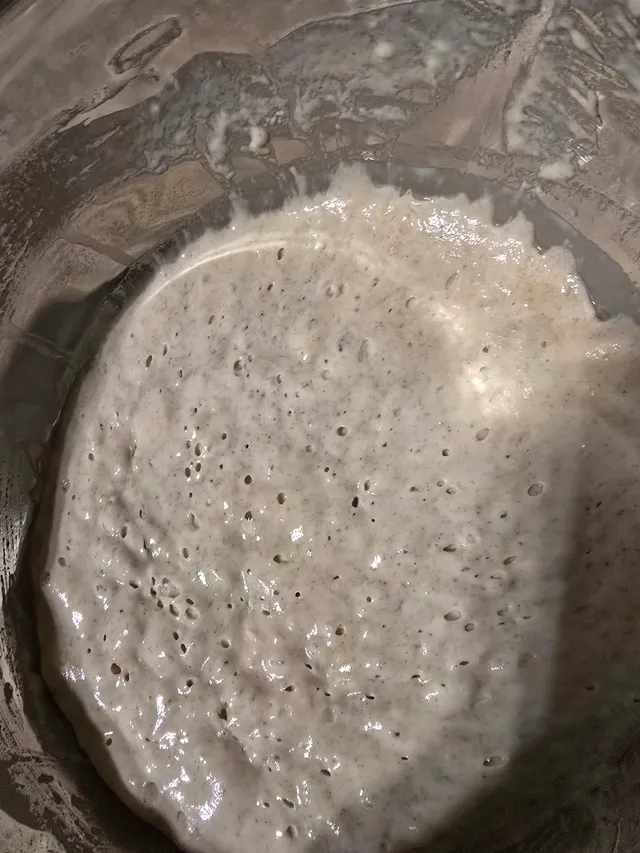 Aktiver Poolish-Vorteig in Metallschüssel — sichtbare Fermentationsblasen an der Oberfläche