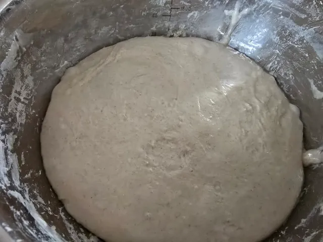 Pizzateig nach der Stockgare in der Schüssel — Ergebnis der Fermentation